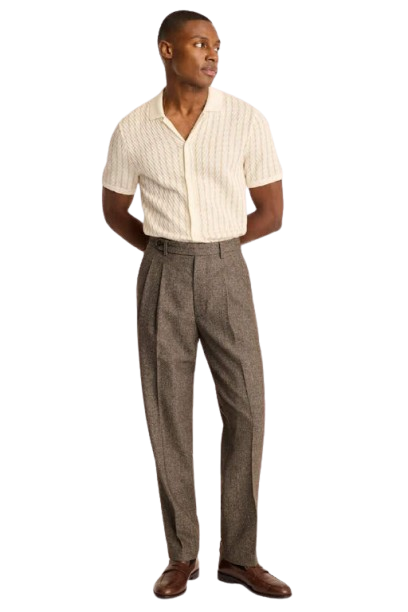 Man wearing a striped short-sleeve shirt and pleated trousers in a studio setting.